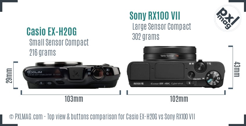 Casio EX-H20G vs Sony RX100 VII top view buttons comparison