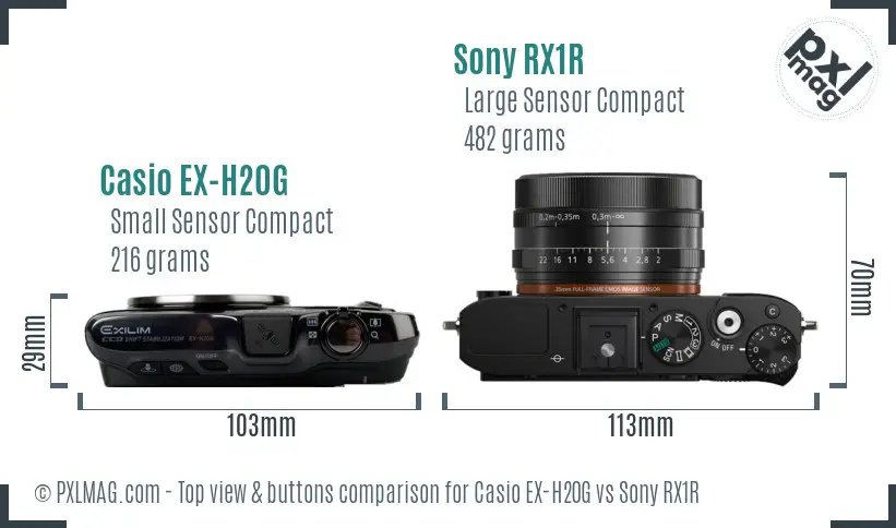 Casio EX-H20G vs Sony RX1R top view buttons comparison Casio EX-H20G vs Sony RX1R top view buttons comparison