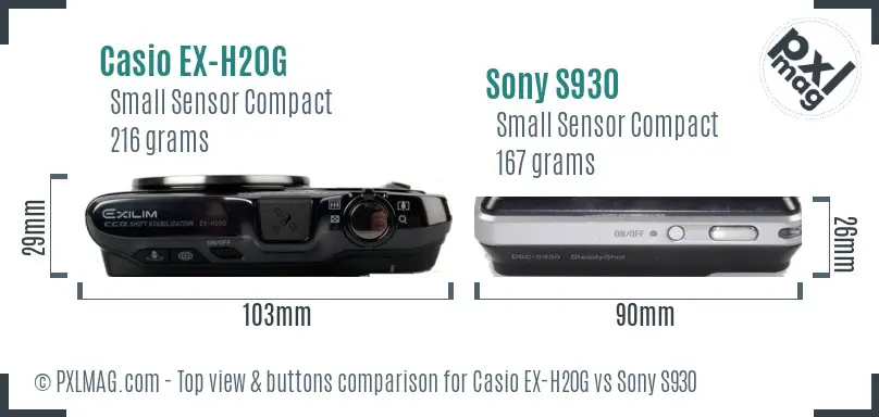 Casio EX-H20G vs Sony S930 top view buttons comparison Casio EX-H20G vs Sony S930 top view buttons comparison