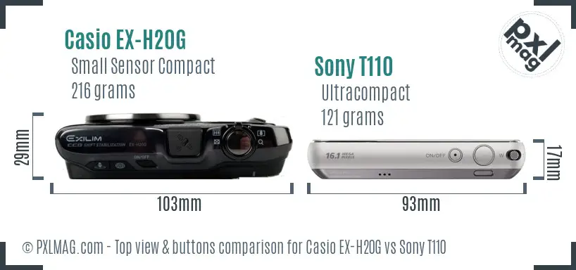 Casio EX-H20G vs Sony T110 top view buttons comparison Casio EX-H20G vs Sony T110 top view buttons comparison