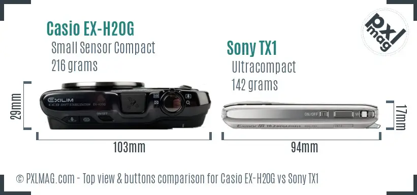 Casio EX-H20G vs Sony TX1 top view buttons comparison Casio EX-H20G vs Sony TX1 top view buttons comparison