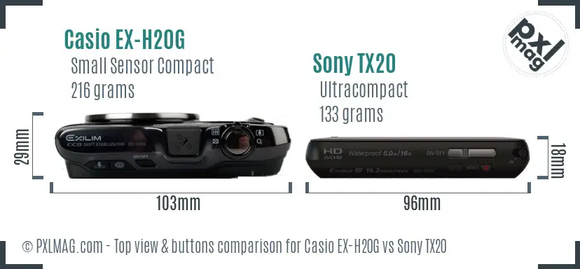 Casio EX-H20G vs Sony TX20 top view buttons comparison