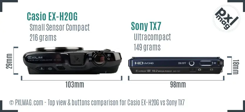 Casio EX-H20G vs Sony TX7 top view buttons comparison Casio EX-H20G vs Sony TX7 top view buttons comparison