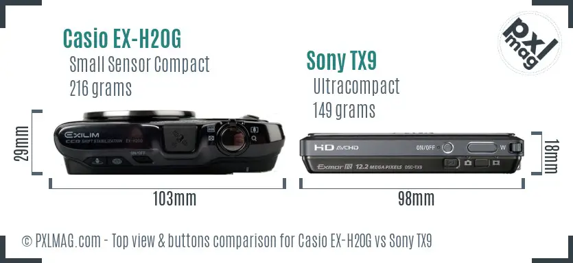 Casio EX-H20G vs Sony TX9 top view buttons comparison Casio EX-H20G vs Sony TX9 top view buttons comparison