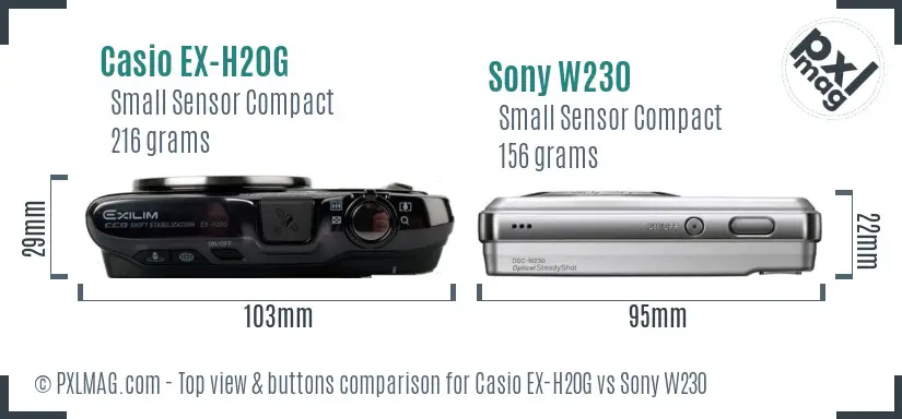 Casio EX-H20G vs Sony W230 top view buttons comparison Casio EX-H20G vs Sony W230 top view buttons comparison