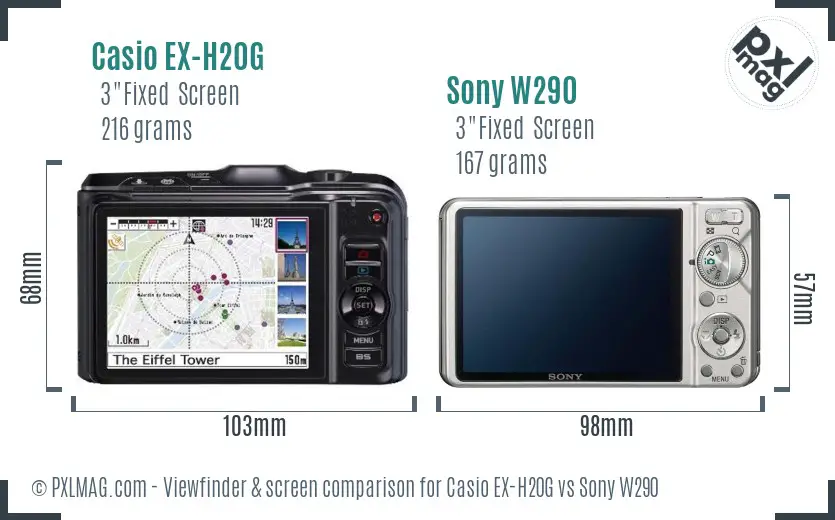 Casio EX-H20G vs Sony W290 Screen and Viewfinder comparison