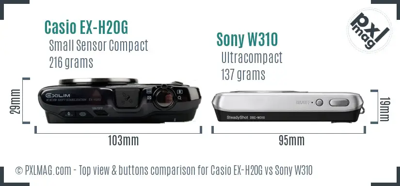 Casio EX-H20G vs Sony W310 top view buttons comparison Casio EX-H20G vs Sony W310 top view buttons comparison