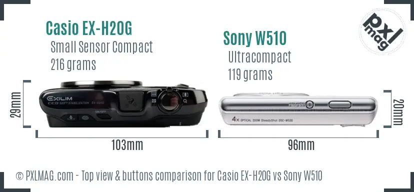 Casio EX-H20G vs Sony W510 top view buttons comparison Casio EX-H20G vs Sony W510 top view buttons comparison