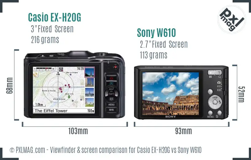 Casio EX-H20G vs Sony W610 Screen and Viewfinder comparison