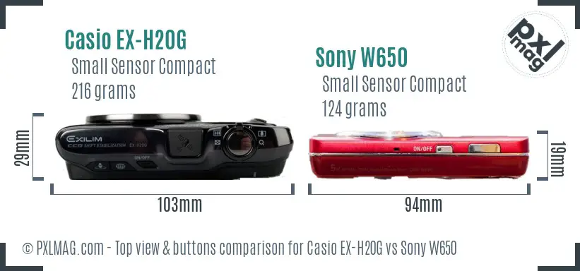 Casio EX-H20G vs Sony W650 top view buttons comparison Casio EX-H20G vs Sony W650 top view buttons comparison