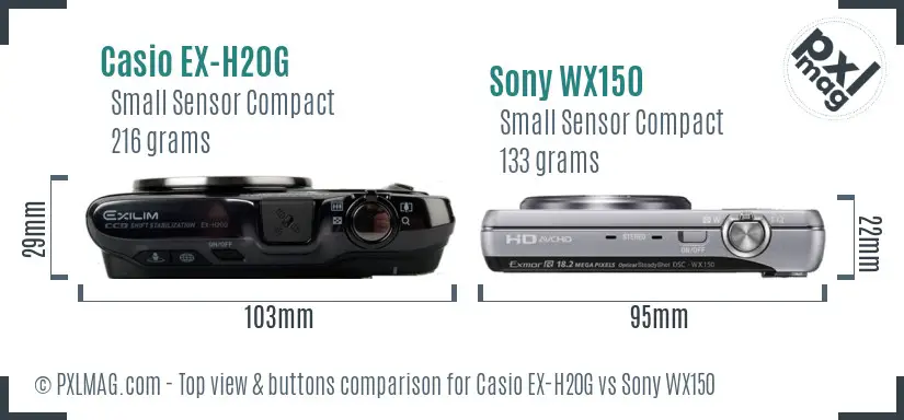 Casio EX-H20G vs Sony WX150 top view buttons comparison Casio EX-H20G vs Sony WX150 top view buttons comparison