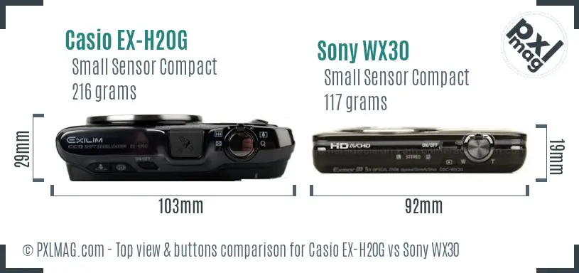 Casio EX-H20G vs Sony WX30 top view buttons comparison Casio EX-H20G vs Sony WX30 top view buttons comparison