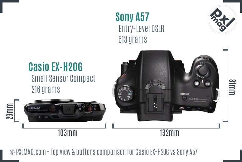 Casio EX-H20G vs Sony A57 top view buttons comparison