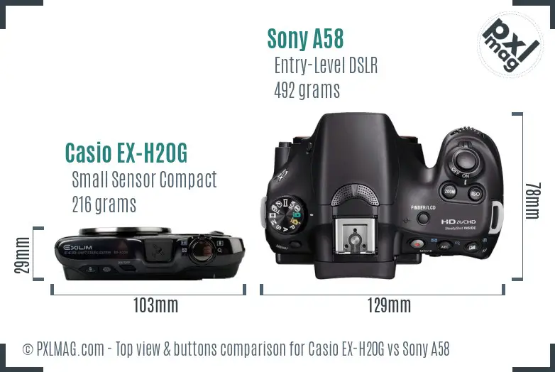 Casio EX-H20G vs Sony A58 top view buttons comparison