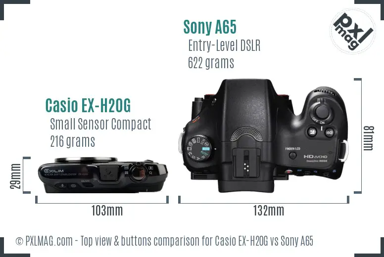 Casio EX-H20G vs Sony A65 top view buttons comparison