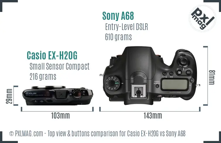 Casio EX-H20G vs Sony A68 top view buttons comparison Casio EX-H20G vs Sony A68 top view buttons comparison