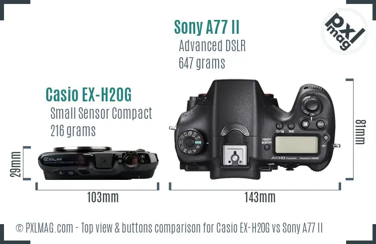 Casio EX-H20G vs Sony A77 II top view buttons comparison