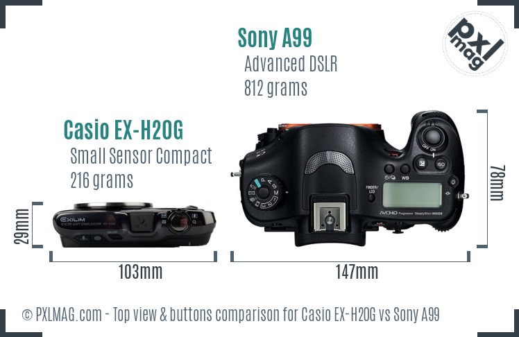 Casio EX-H20G vs Sony A99 top view buttons comparison