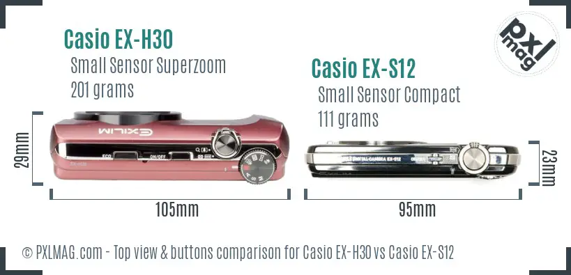 Casio EX-H30 vs Casio EX-S12 top view buttons comparison