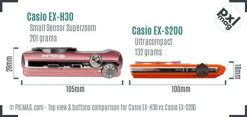 Casio EX-H30 vs Casio EX-S200 top view buttons comparison