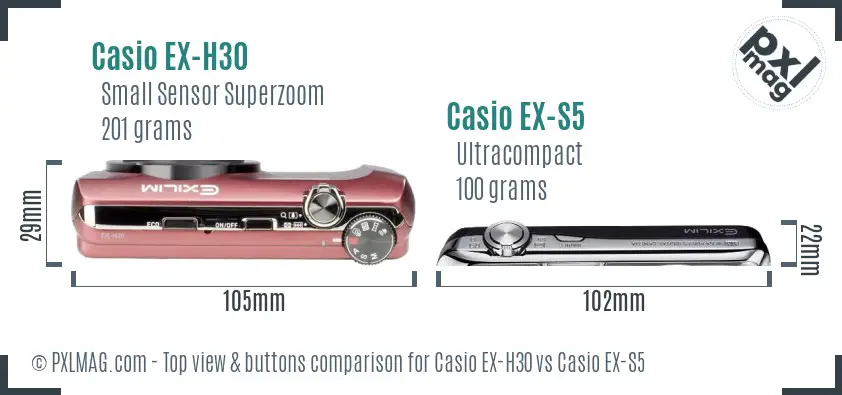Casio EX-H30 vs Casio EX-S5 top view buttons comparison