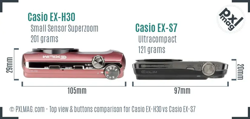 Casio EX-H30 vs Casio EX-S7 top view buttons comparison