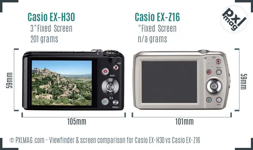 Casio EX-H30 vs Casio EX-Z16 Screen and Viewfinder comparison