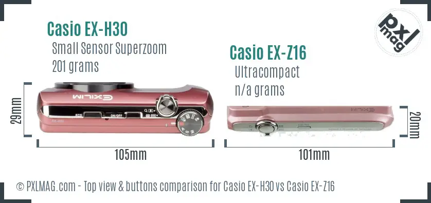 Casio EX-H30 vs Casio EX-Z16 top view buttons comparison
