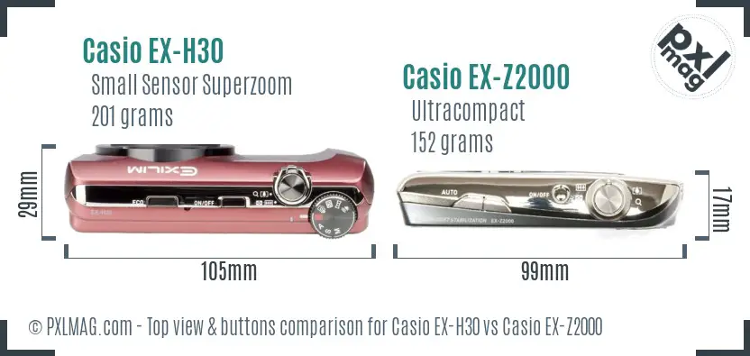 Casio EX-H30 vs Casio EX-Z2000 top view buttons comparison