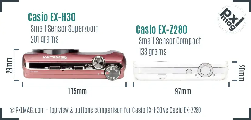 Casio EX-H30 vs Casio EX-Z280 top view buttons comparison