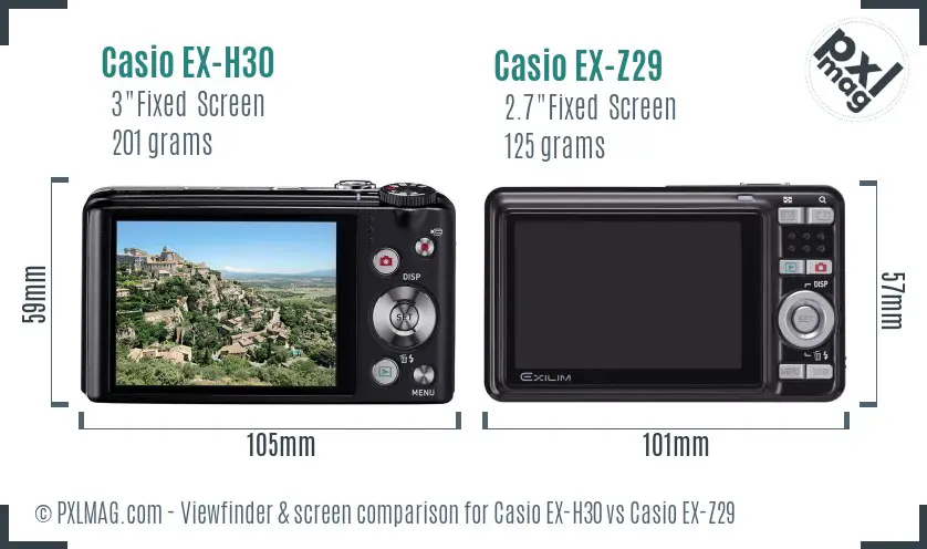 Casio EX-H30 vs Casio EX-Z29 Screen and Viewfinder comparison