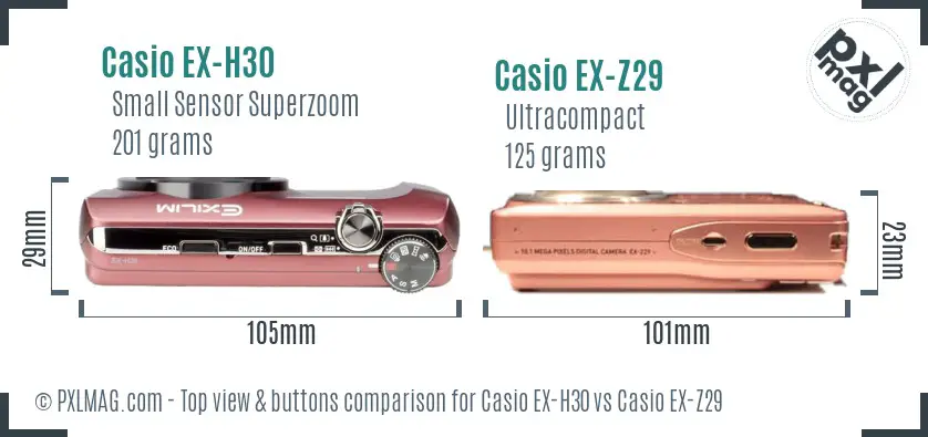 Casio EX-H30 vs Casio EX-Z29 top view buttons comparison