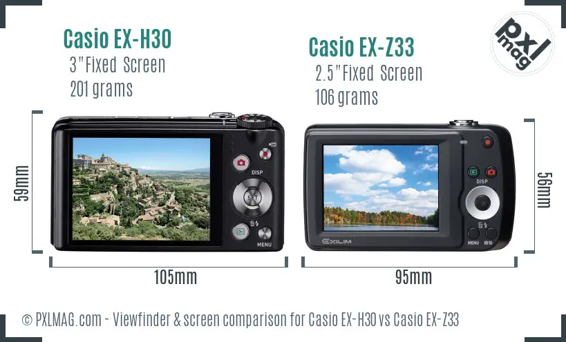 Casio EX-H30 vs Casio EX-Z33 Screen and Viewfinder comparison