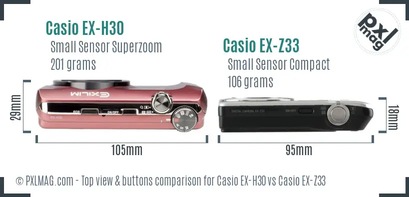 Casio EX-H30 vs Casio EX-Z33 top view buttons comparison
