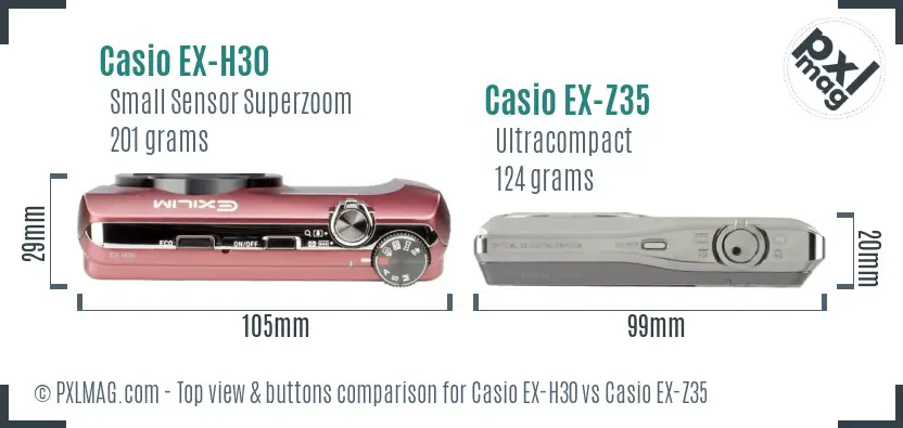 Casio EX-H30 vs Casio EX-Z35 top view buttons comparison