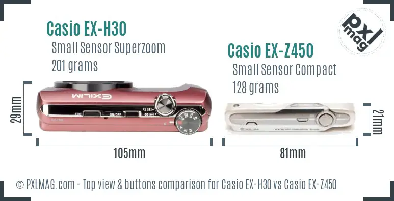 Casio EX-H30 vs Casio EX-Z450 top view buttons comparison