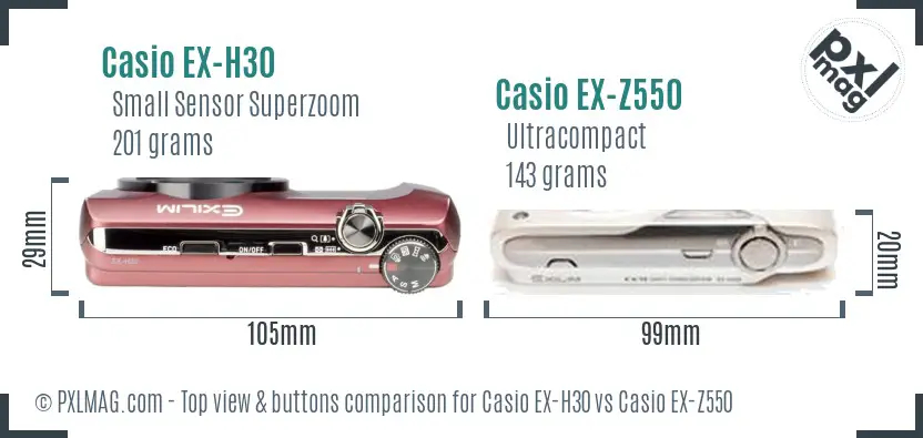 Casio EX-H30 vs Casio EX-Z550 top view buttons comparison