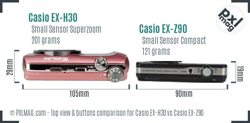 Casio EX-H30 vs Casio EX-Z90 top view buttons comparison