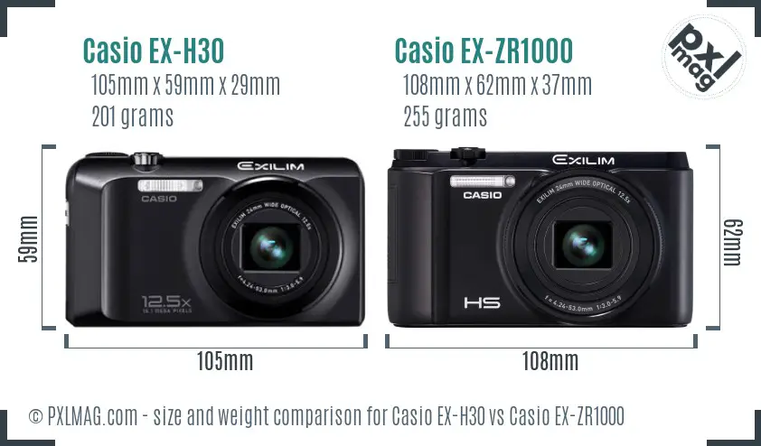 Casio EX-H30 vs Casio EX-ZR1000 size comparison