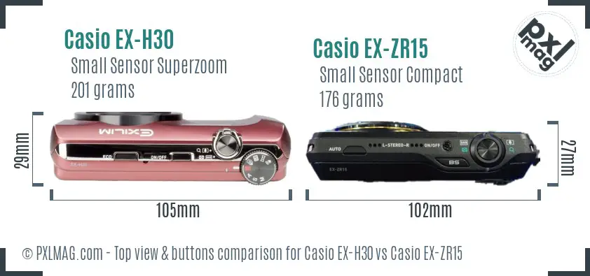 Casio EX-H30 vs Casio EX-ZR15 top view buttons comparison