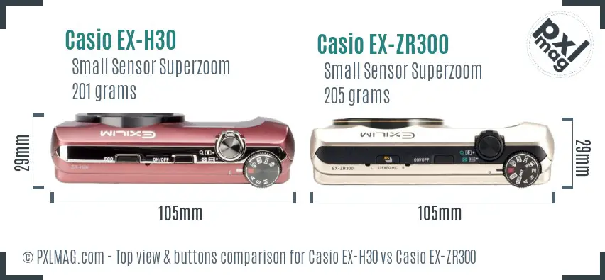 Casio EX-H30 vs Casio EX-ZR300 top view buttons comparison