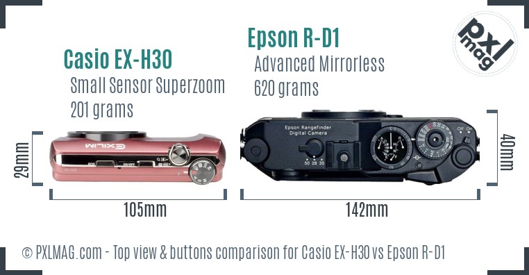 Casio EX-H30 vs Epson R-D1 top view buttons comparison
