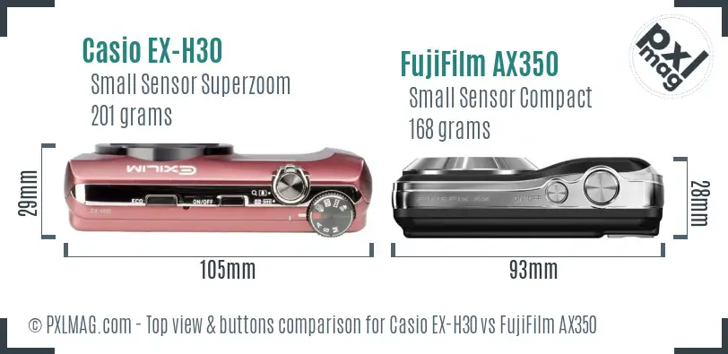 Casio EX-H30 vs FujiFilm AX350 top view buttons comparison