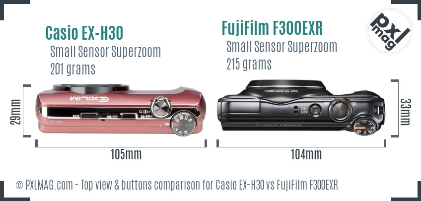 Casio EX-H30 vs FujiFilm F300EXR top view buttons comparison