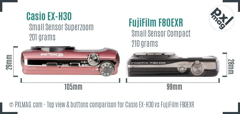 Casio EX-H30 vs FujiFilm F80EXR top view buttons comparison