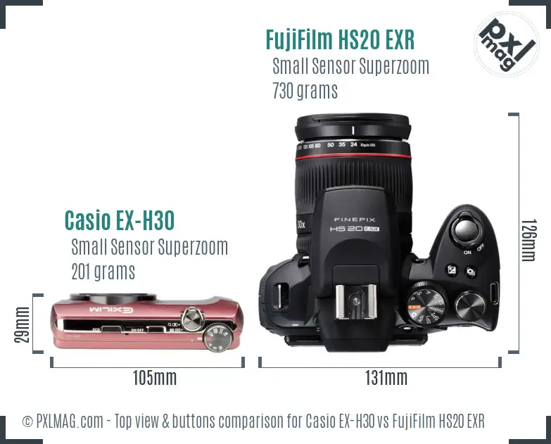 Casio EX-H30 vs FujiFilm HS20 EXR top view buttons comparison