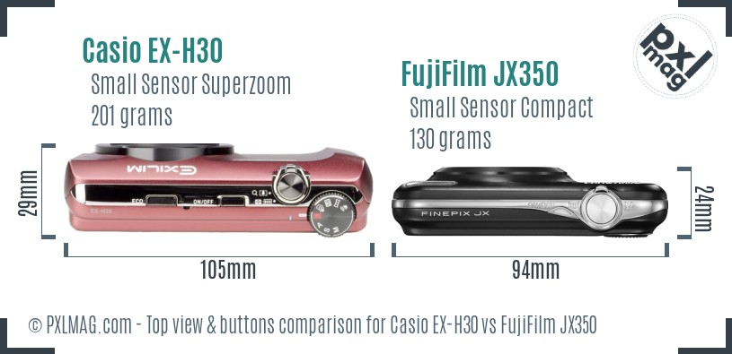 Casio EX-H30 vs FujiFilm JX350 top view buttons comparison