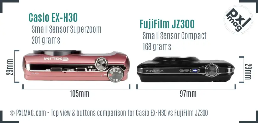Casio EX-H30 vs FujiFilm JZ300 top view buttons comparison Casio EX-H30 vs FujiFilm JZ300 top view buttons comparison