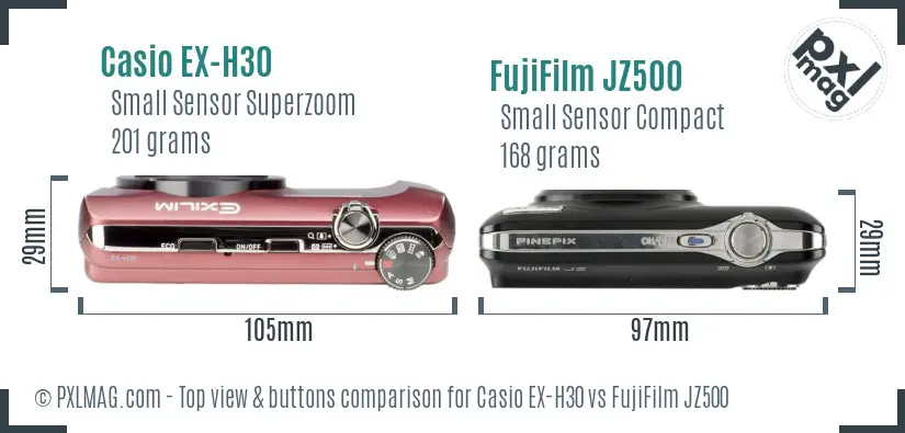 Casio EX-H30 vs FujiFilm JZ500 top view buttons comparison Casio EX-H30 vs FujiFilm JZ500 top view buttons comparison