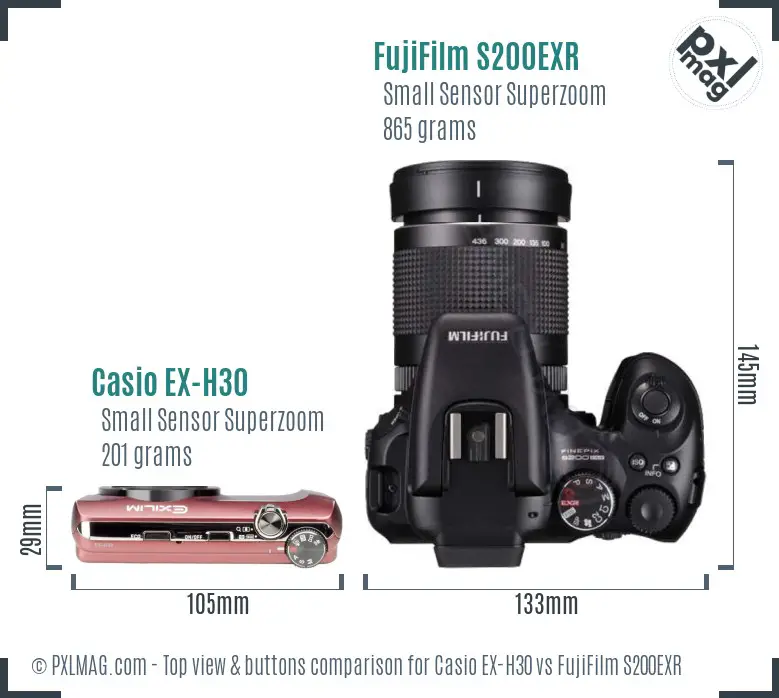 Casio EX-H30 vs FujiFilm S200EXR top view buttons comparison